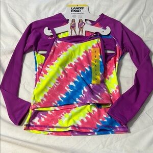 Lands' End Girls' Purple and Tie-Dye 3 Piece Swimsuit Set Size 5